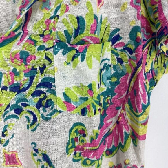Lilly Pulitzer T Shirt Size Small Pink Green Knit Linen Casual Top Print Beachy - Picture 5 of 9